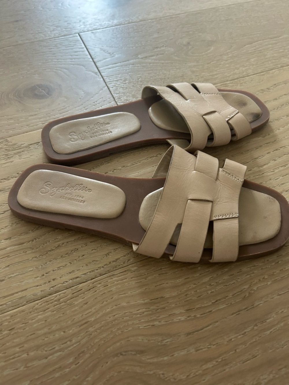 Seychelles Nude Tan Woven Leather Slide Sandals